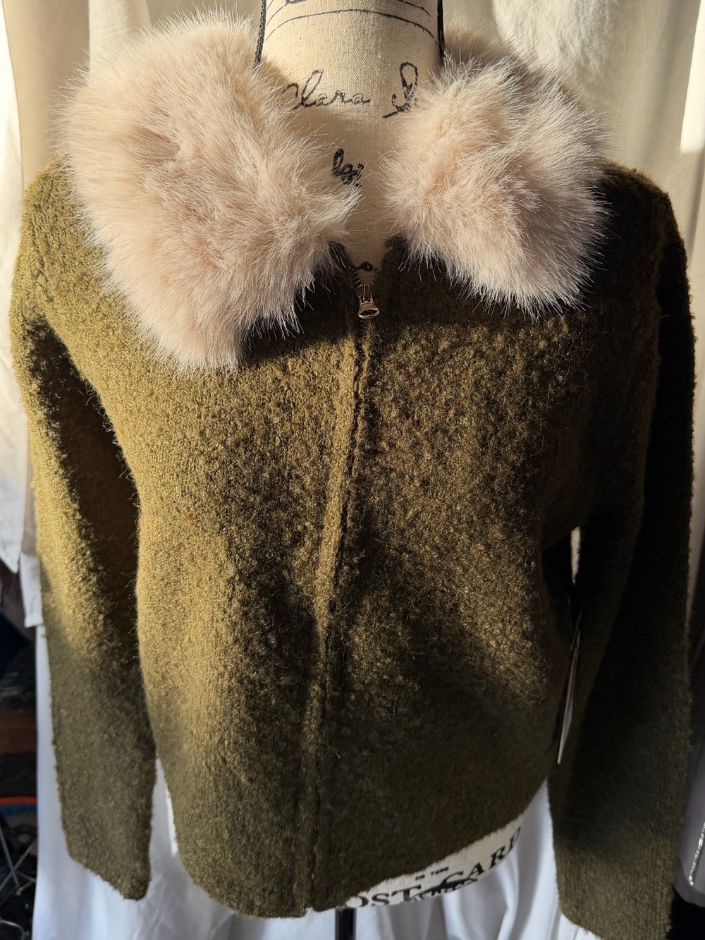 Jaclyn Smith Olive Green Teddy Jacket with Cream Faux Fur Collar